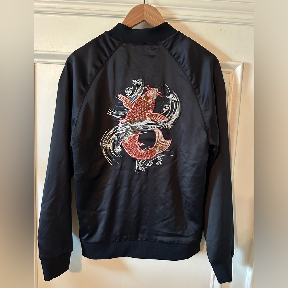 H&M navy blue koi satin bomber jacket size S